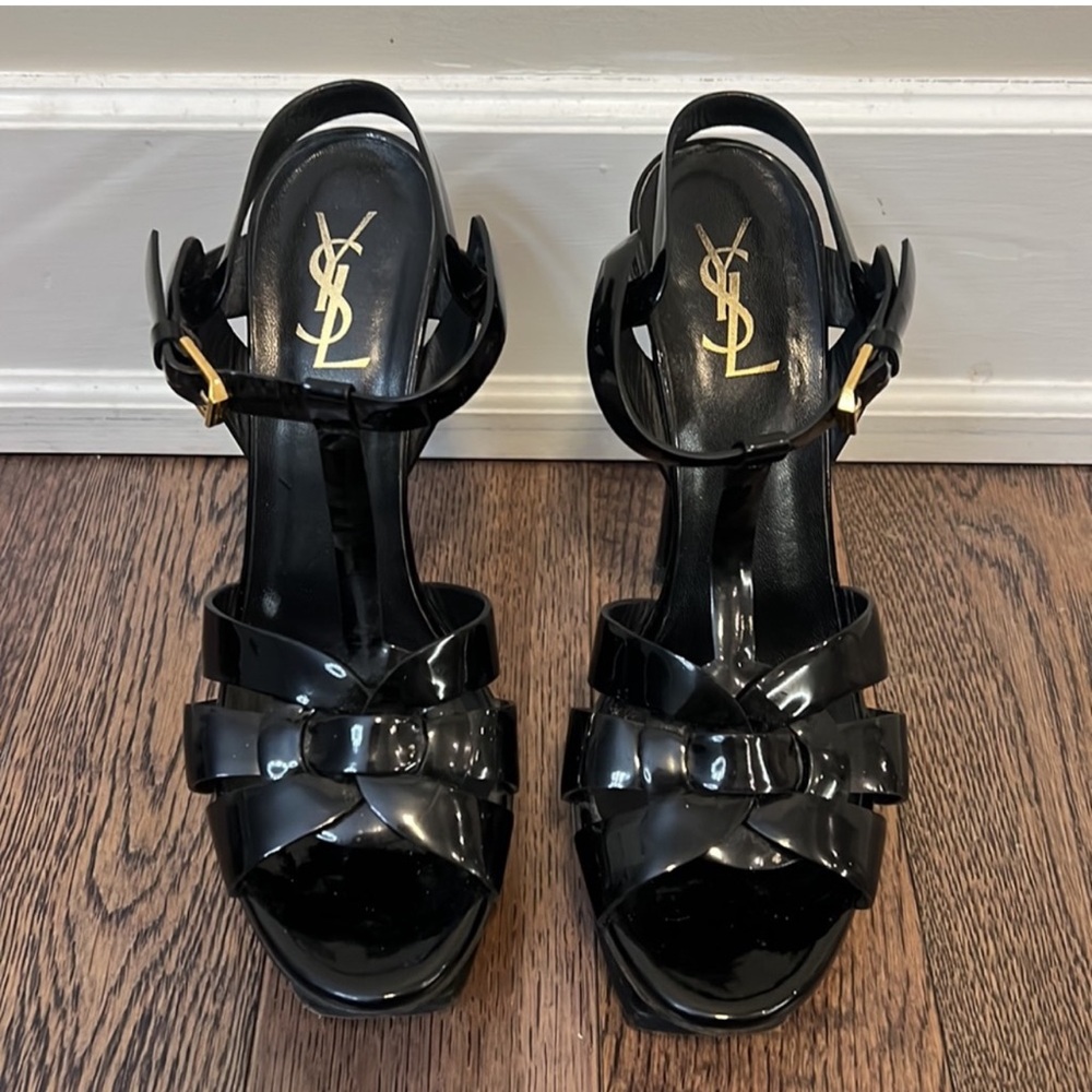 YSL Tribute Platform Sandals in Black Patent Leather